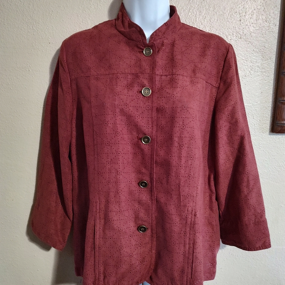 Brick Red Faux Suede Leather Jacket Pockets Pinholes, Alfred Dunner SZ 8 Medium